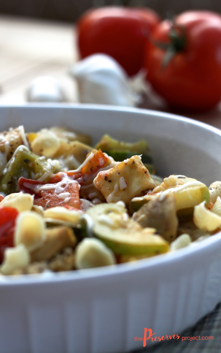 Ratatouille with Shells is a simple and tasty vegetable side dish! Leave out the pasta and cheese and it's Whole 30 approved!